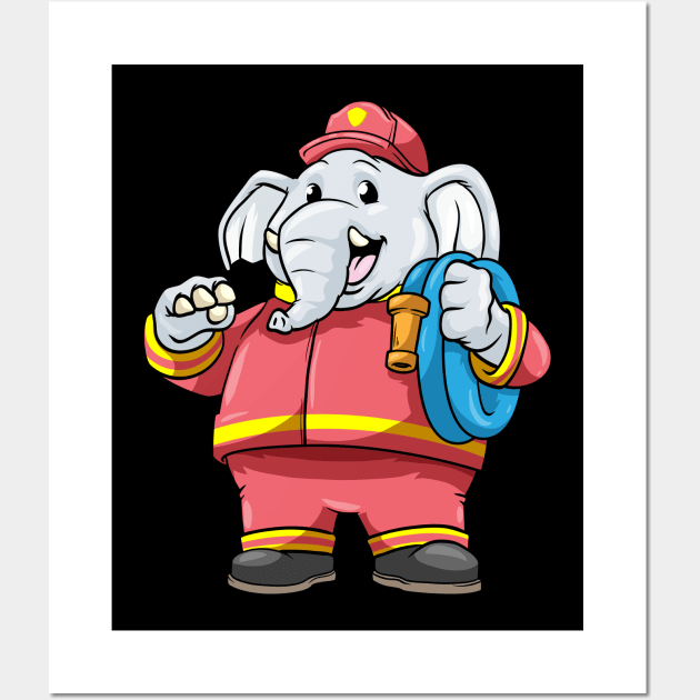 Elephant as firefighter with hose Wall Art by Markus Schnabel